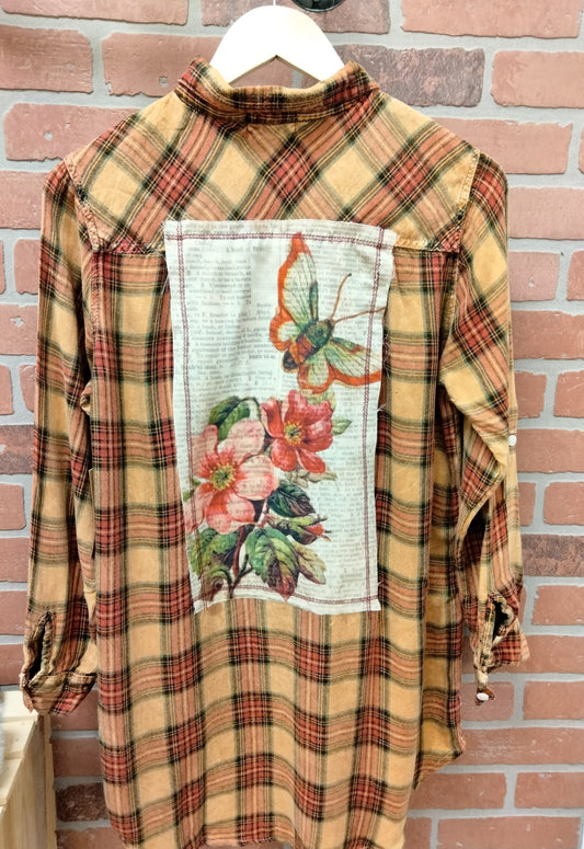Tobacco Color Washed Plaid Button Down Top With Butterfly/Flower Patch on Back