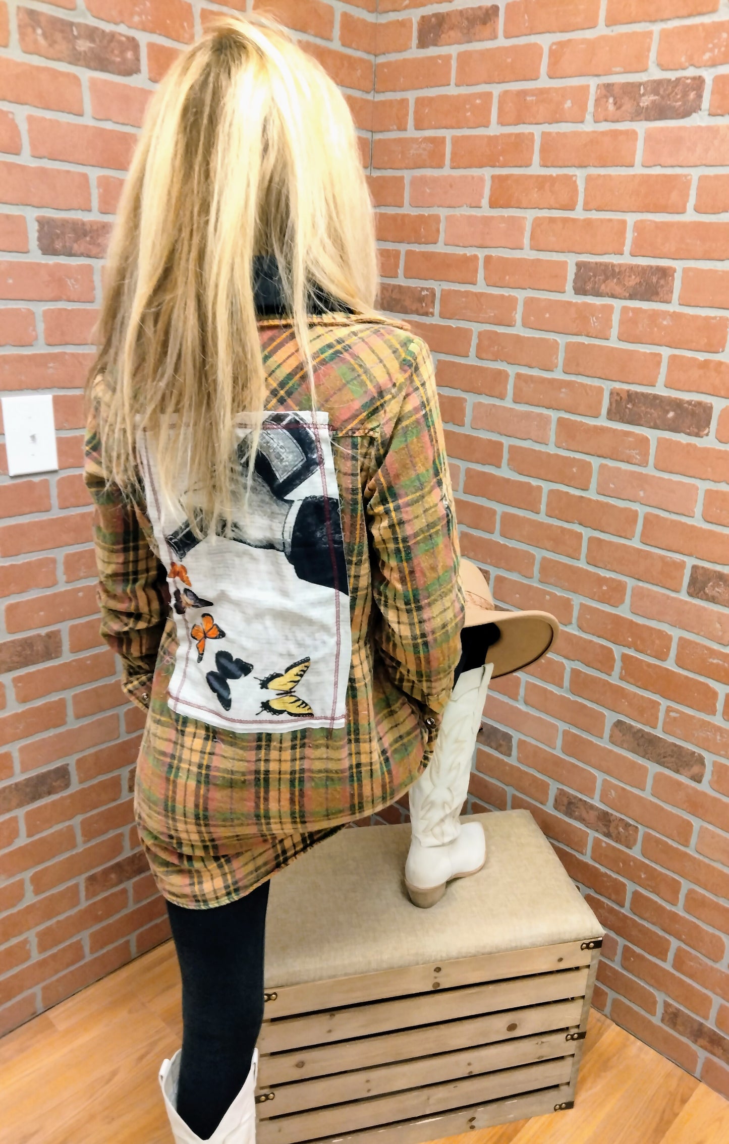 Green Plaid Flannel With Hoodie And Patch On Back