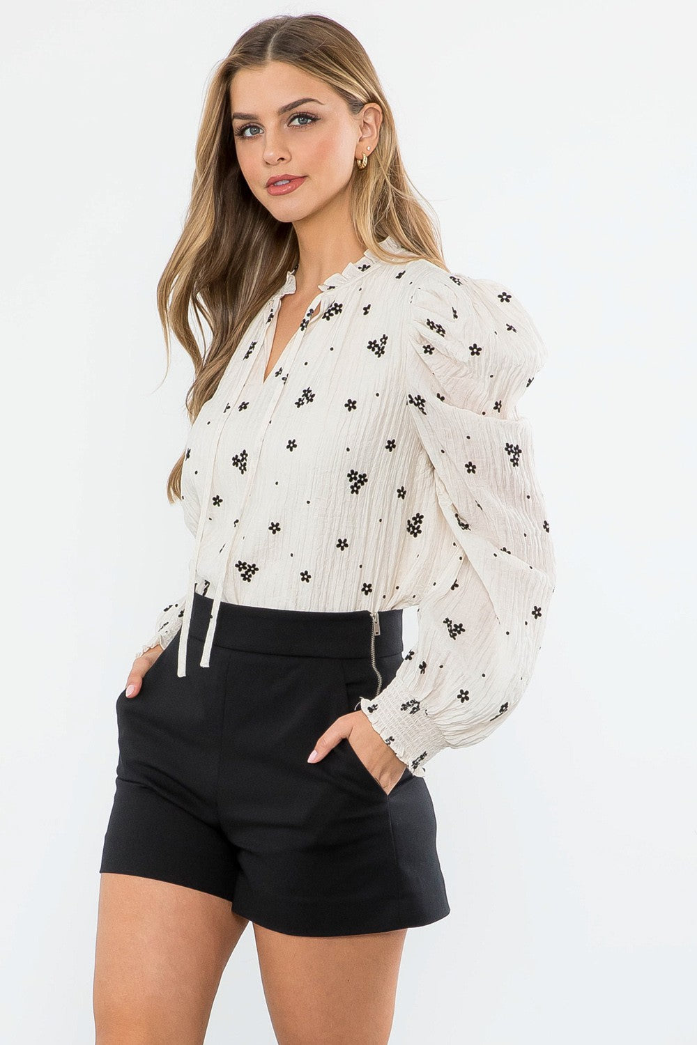 Ivory And Black Floral Print Long Sleeve Blouse, REBELRY BOUTIQUE, Arvada, CO