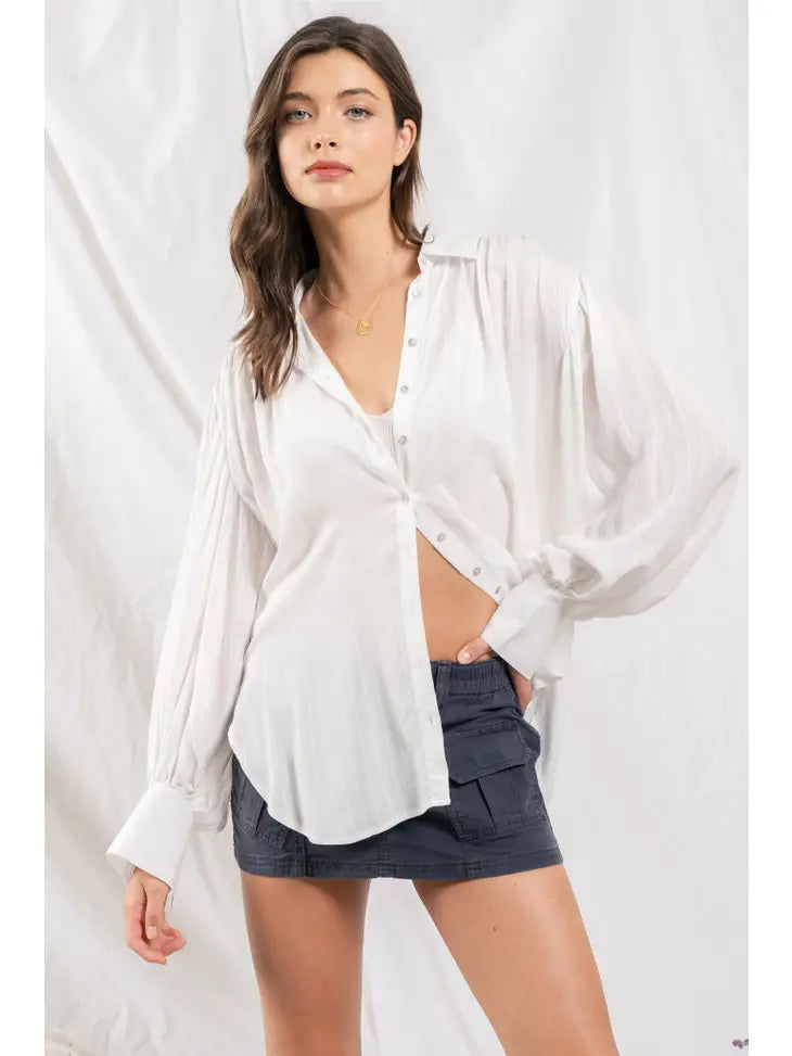 White Shirred Shoulder Button Down Top, REBELRY BOUTIQUE