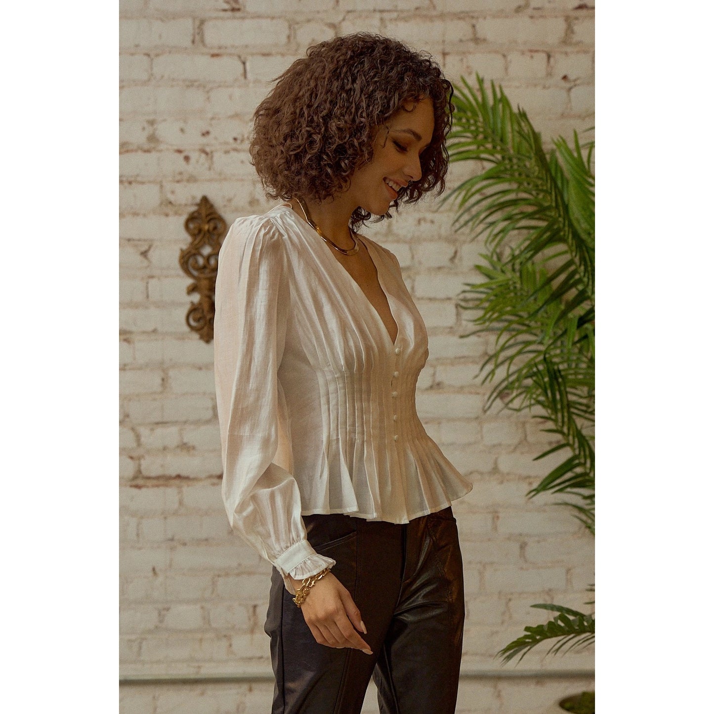 White Pleated Button Up Long Sleeve Blouse