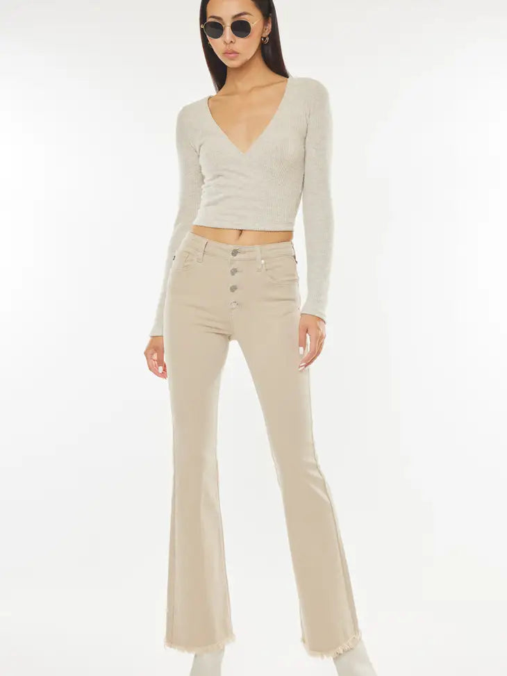 High Rise Beige Flare With Frayed Hem