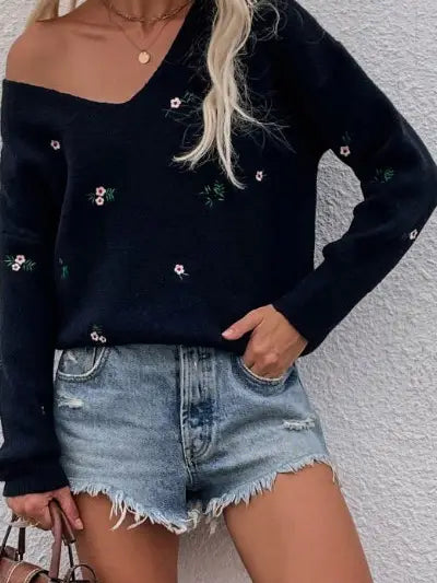 Black Embroidered Flower Sweater