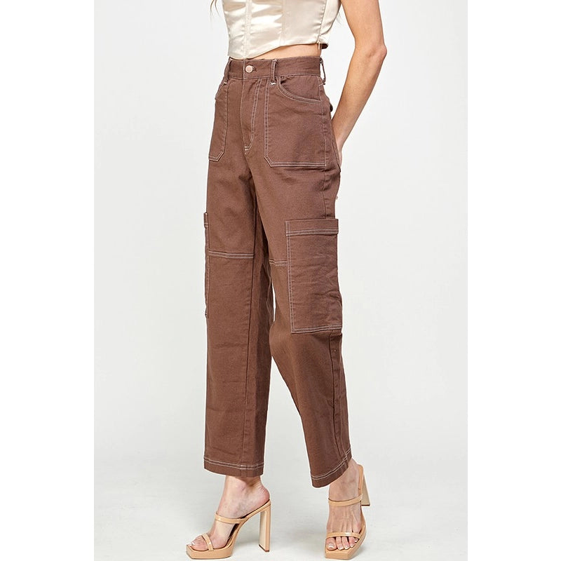 Brown Twill Cargo Pant With Contrast Stitching