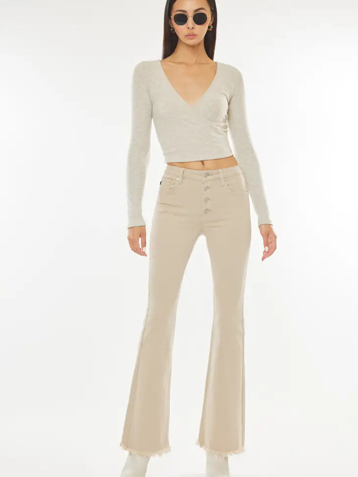 High Rise Beige Flare With Frayed Hem