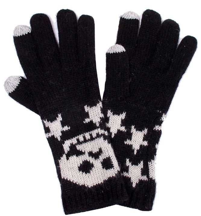 Black Knit Touch Skull Gloves - O/S
