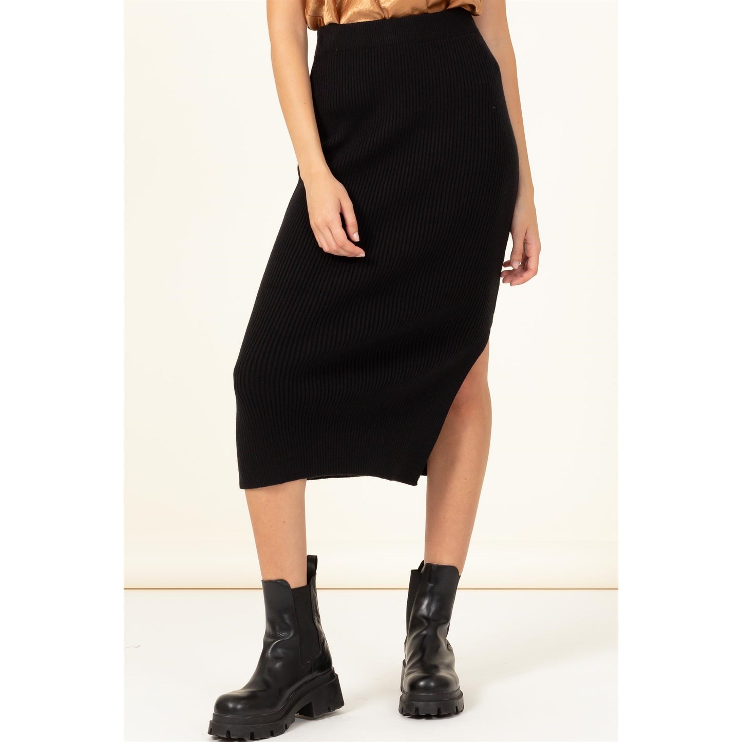 Black High Waist Ribbed Midi Skirt