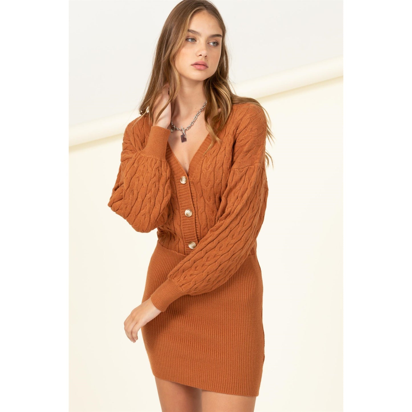 Brown Cable Knit Mini Dress